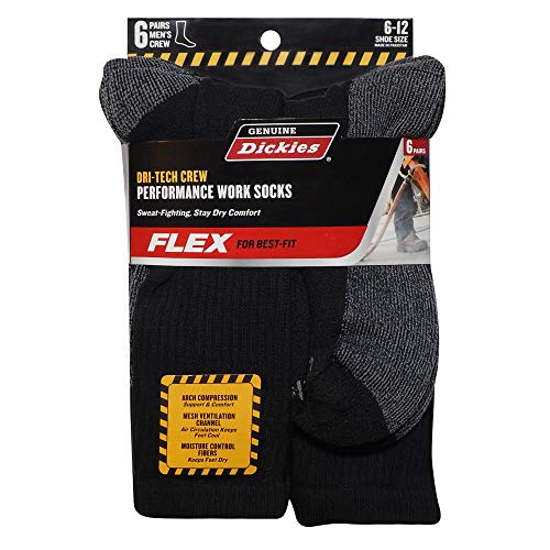 Genuine-Dickies Men's Dri-Tech Performance Crew Work Sock 6-Pair-Pack (Black) (Shoe Size: 6-12)