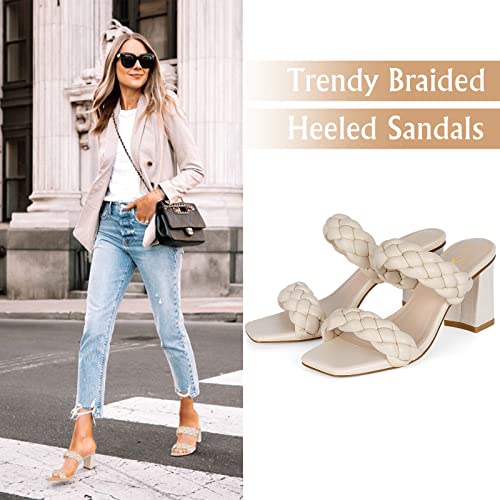 Athlefit Women's Braided Heels Square Toe Strappy Braided Sandals Slides Slip On Woven Block Tan Heels Size 11