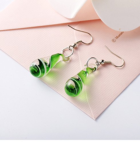 Glass Water Drop Shape Glaze Spiral Dangle Earrings Lampwork Handmade Glass Bead Geometric Earrings for Women Jewelry-Green