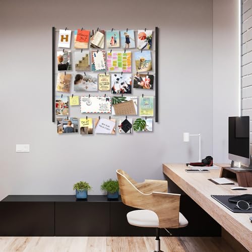 Love-KANKEI Wood Picture Frame Collage Photo Display Frame 26×29 inch with 30 Clips and Adjustable Twines Collage Artworks Prints Pictures Organizer Gift Black