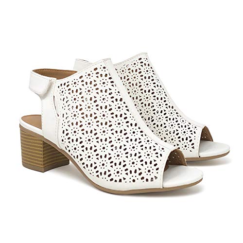 City Classified Footwear Women's Elect Caged Geometric Laser Cut Out Peep Toe Slingback Chunky Stacked Heel Ankle Bootie,White,5.5