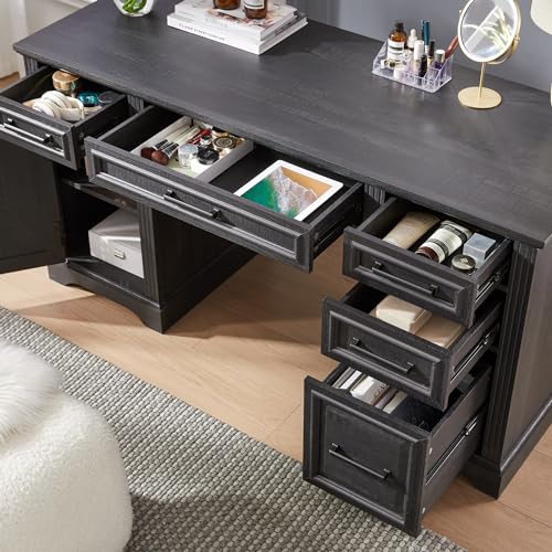 JXQTLINGMU 58 Inch Large Computer Desk with Drawers, Embossed Texture Home Office Desk, Workspace for Work Study Writing, Black