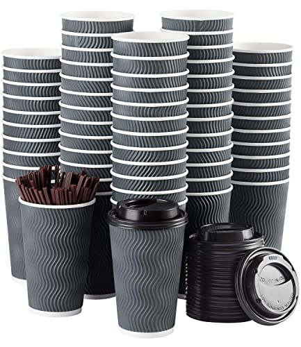 SPRINGPACK Disposable Coffee Cups with Lids and Straws - 16 oz (90 Set) To Go Hot Paper Coffee Cup with Lid Togo for Beverages Tea Espresso Insulated Reusable Cold Drinks Ripple Cups