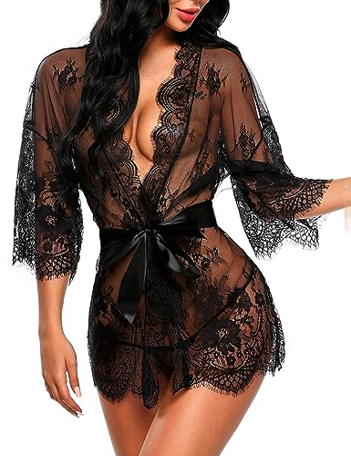 Avidlove Women's Lace Kimono Robe Lingerie Eyelash Babydoll Sheer Nightwear Lemon Yellow