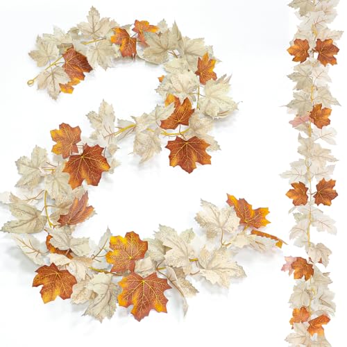 2 Pack Fall Maples Leafed Garland Fall Decorations for Home Total 11.8Ft Artificial Hanging Vine Fall Foliage Garland Fall Thanksgiving Decor Indoor Outdoor Mantel Party(Mixed Gray-White Brown)