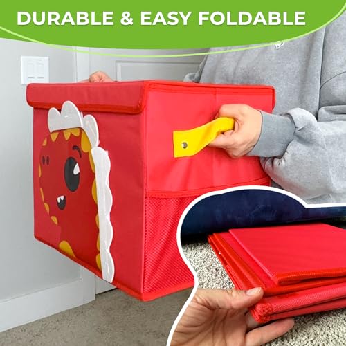 QUOKKA Toy Storage Box for Boys and Girls - 16x12x10 In Dino Toy Chest Organizer for Kids - | Collapsible | Handles | Flip-Top Lids | - Fabric Foldable Bin for Playroom - Nursery Room Organization