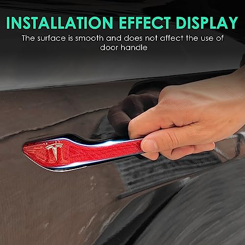 ONKENTET 4 Pcs Door Handle Cover Compatible with Tesla Model 3 (2017-2024) Model Y (2020-2024) Real Carbon Fiber 3D Sticker Wrap Covers Exterior Trim Epoxy Door Sill Protector Accessories (Red)