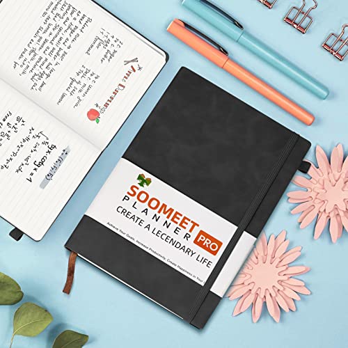Soomeet Lined Journal Notebook, 200 Pages, Leather Hardcover Notebooks, A5 College Ruled Thick Classic with Pen Loop Notebook Journals for Writing, for Women Men Office School, 5.75'' X 8.38'', Black