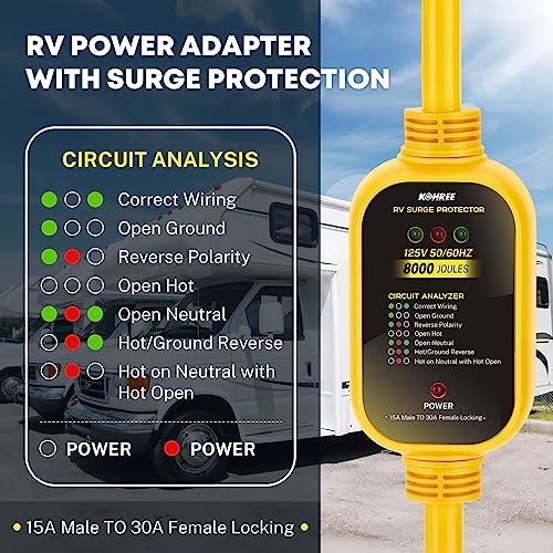 Kohree 30 Amp to 110V RV Adapter with Surge Protection, 8000 Joules 15 Amp to 30 Amp RV Adapter with Twist Lock, Circuit Analyzer w/LED Indicators, RV Power Adapter Cord 21'' for Camper Travel Trailer