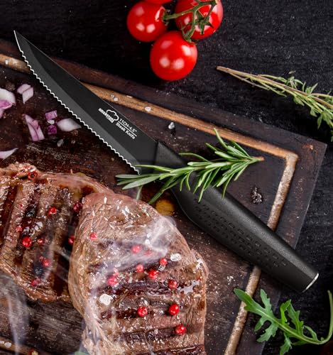 Amorston Steak Knives, Steak Knives Set of 8, Stainless Steel Steak Knife Set, Serrated Steak Knives Dishwasher Safe, Elegant Black