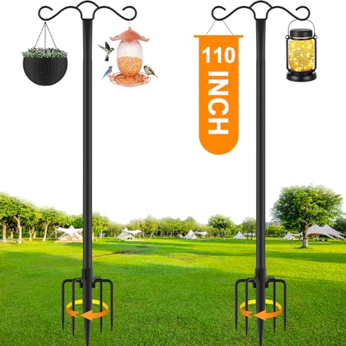 Double Shepherds Hook for Outdoor with 5 Prong Base 110 Inch Heavy Duty Two Sided Bird Feeder Pole for Hanging Lantern,Hummingbird Feeder,Lightweight Plant,Shepherds Hook for Bird Feeders for Outside