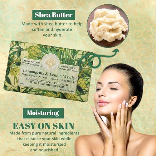 Wavertree & London Lemongrass & Lemon Myrtle Scented Natural Soap (8 Bars), 7oz Moisturizing French Triple Milled Soap Bars enriched with shea butter - Plant Oil Bath & Body Soap for All Skin Types