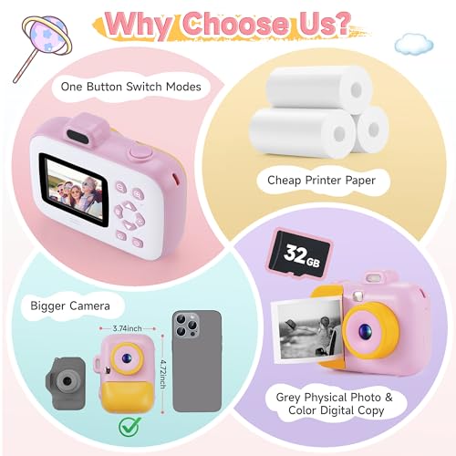 Kids Camera Instant Print for Girls Boys Age 3-12 Kids Toys, 12MP 1080P Kids Digital Cameras Christmas Birthday Gifts for 4 5 6 7 8 9 10 Year Old Girls, Toddler Camera Girls Toys