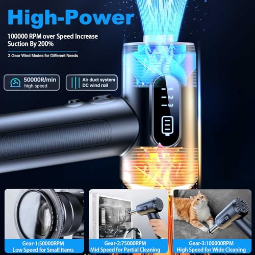 Compressed Air Duster, 3-Gear to 100000RPM Electric Air Duster Portable Cordless Air Blower with LED Light, for Cleaning Keyboard & PC, Air Cleaning Kit-no Canned air dusters-Rechargeable