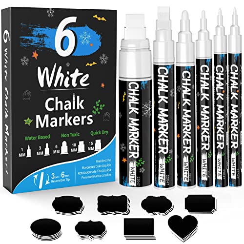 White Window Chalk Markers Pen: 6 Pack White Glass Marker, Liquid Chalk Marker for Chalkboard Signs, Car Window Paint Marker Pen for Bistro, Jars, Erasable, Non-Toxic, 5 Nib Sizes (1, 3, 6, 10, 15mm)