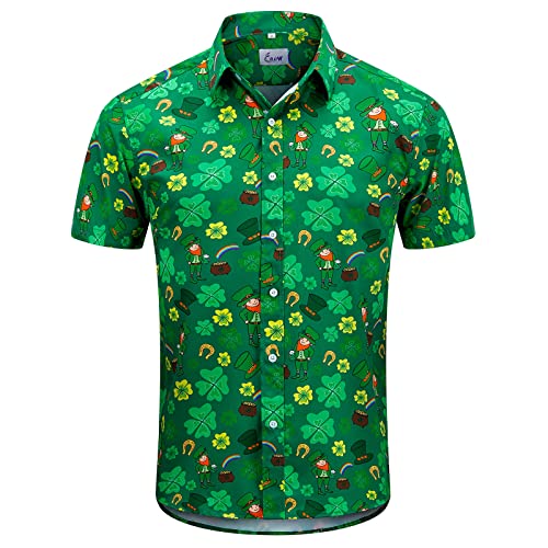 EUOW St. Patrick's Day Hawaiian Shirt for Men Irish Printed Casual Short Sleeve Button Down Beach Shirts(Green,S)