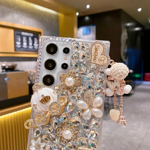 iFiLOVE for Samsung Galaxy S24 Bling Case, Girls Women 3D Luxury Sparkle Glitter Diamond Crystal Rhinestone Pumpkin Car Charm Pendant Protective Case Cover (Champagne)