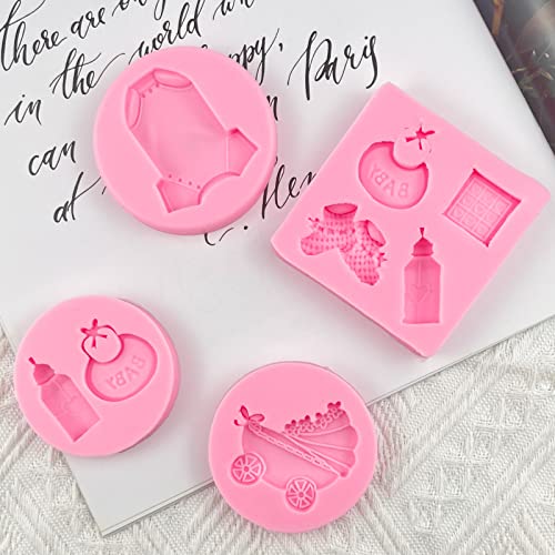 Baby Showers Fondant Molds 4pcs, Baby Stroller Cake Decorating Silicone Molds Kitchen Baking Tools for Chocolate Candy, Bread, Cookies, Mousse, Soap, Epoxy, Clay, Candles