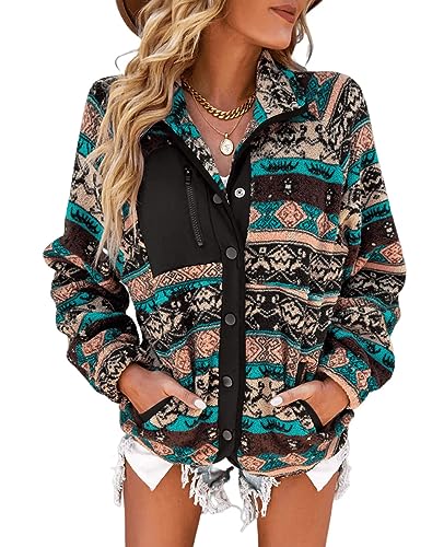SELINK Womens Fleece Jacket Western Aztec Print Long Sleeve Snap Button Down Shacket Jackets with Pockets Black-M