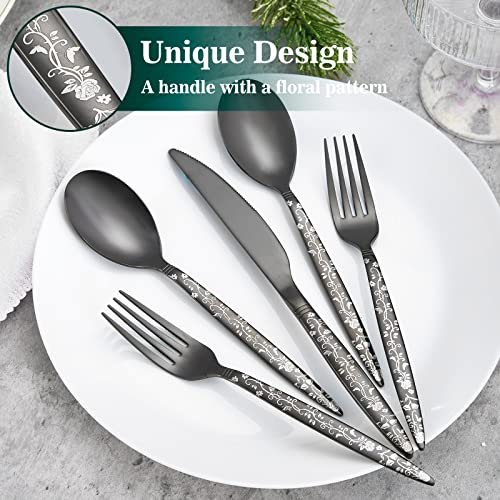 Xingjiake 12-piece Black Silverware Set, Flower Pattern Fancy Knife Spoons And Forks Set, Stainless Steel Flatware Cutlery Set, Serving Utensil Set With Steak Knives Fork Spoons Silverware