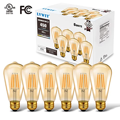 LVWIT Vintage Edison Light Bulb ST21 LED Filament Bulb 5.5W(40 Watt Equivalent) Dimmable 2500K (Amber Glow) Warm White E26 Medium Base, Amber Glass Cover,6 Pack