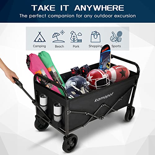 Kamopot Large Collapsible Wagon Foldable for Grocery, Beach, Park, Yard, 34 x 18 Inch Inner Storage. Folding Utility Shopping Cart on Wheels. Heavy Duty, Durable w/Cupholders (Black)