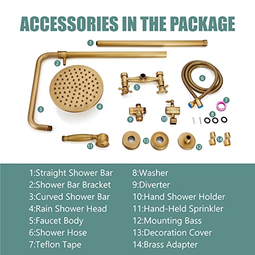 Dual Functions Exposed Pipe Shower System Round 8 Inch Rainfall Shower Head Brass Fixture Combo Set Two Handles Bathroom Shower Faucet Adjustable Showerhead Bar,Antique Brass