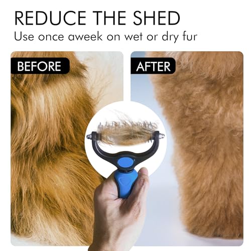 OneCut Pet Grooming Brush and Metal Comb Combo, Pet Grooming Rake and Brushes for Small, Medium & Large Dogs Double Sided Deshedding Tool Removes Knots and Tangled Hair (Blue)