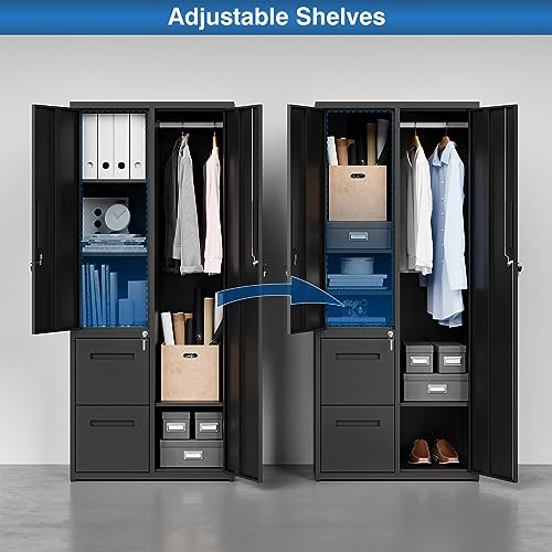 PEUKC Metal Storage Cabinets with Locking Doors, 67" Freestanding Clothing Coat Storage Wardrobe Lockers for Office, Home, School, Garage, Gym (Black)