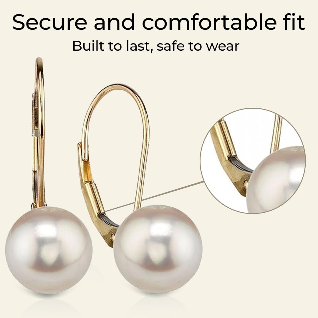 THE PEARL SOURCE Leverback Pearl Earrings for Women, 7-8mm AAA Grade White Freshwater Cultured Pearls in 14K Yellow Gold, Genuine Cultured Pearls, Classic Fine Jewelry Gift for Women