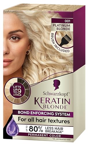 Schwarzkopf Keratin Blonde Hair Dye Platinum Blonde 001, Ultra Lightening Kit, 1 Application - Hair Bleach Enriched with Keratin, Lightens up to 9 Levels and Protects Hair from Breakage**