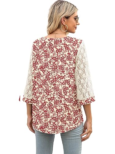 QUEZHU Blouses for Women 3/4 Sleeve V Neck Business Casual Blouse Elegant Dressy Chiffon Work Blouse,Floral White,Small
