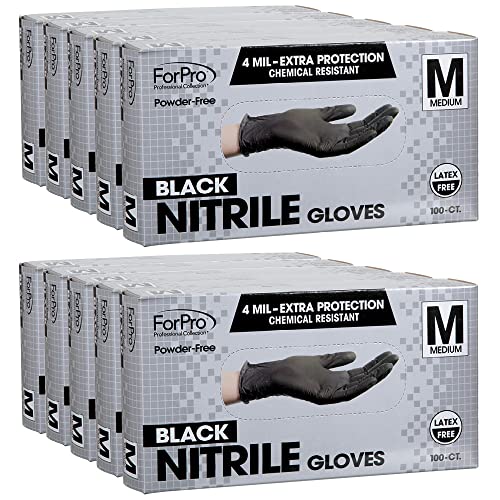 ForPro Professional Collection Disposable Nitrile Gloves, Chemical Resistant, Powder-Free, Latex-Free, Non-Sterile, Food Safe, 4 Mil, Black, Medium, 1000-Count