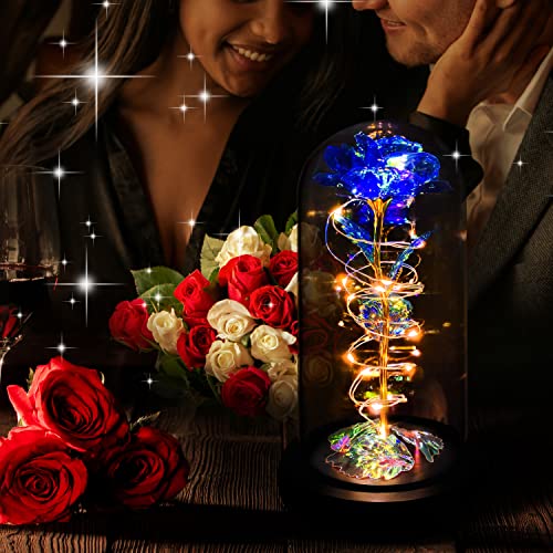 Christmas Rose Gifts for Women,Blue Colorful Artificial Flower,Xmas Rose Flowers Gift for Mom Her,Light Up Rose Flower in Glass Dome,Women Birthday Gifts Ideas for Her,Womens,Mom