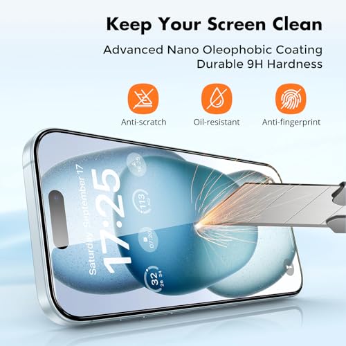 UNBREAKcable Shatterproof Tempered Glass Screen Protector for iPhone 15 [2-Pack] [99.99% HD Clear] [Easy Installation Frame] [9H Hardness] for Apple 6.1”