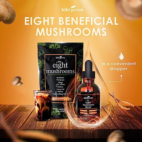 KIKI Green Liquid Mushroom Extract Drops - 8 Mushrooms Complex for Cognitive Support and Immunity Boost - Lions Mane Supplement, Cordyceps, Chaga, Reishi, Shiitake, Turkey Tail, Maitake, Red Reishi