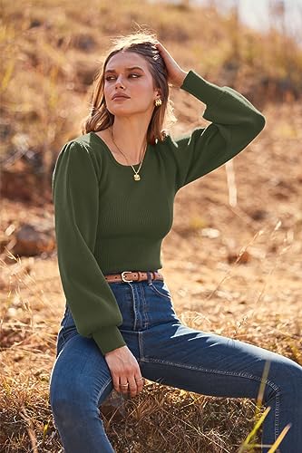 MASCOMODA Long Puff Sleeve Sweaters for Women 2024 Fall Winter Crewneck Knit Ribbed Bodysuit Pullover Tops(Wine Red,Medium)