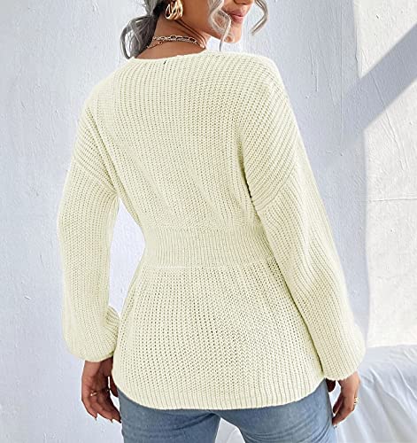 Veatzaer Womens Long Sleeve Knit Sweater V Neck Drop Shoulder Babydoll Sweater Solid Sweater Pullover Grey