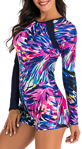 swimall Women Long Sleeve Bathing Suit One Piece Rash Guard Swimsuit Zipper Front Swimwear UPF 50+(Brown, XX-Large（16）)