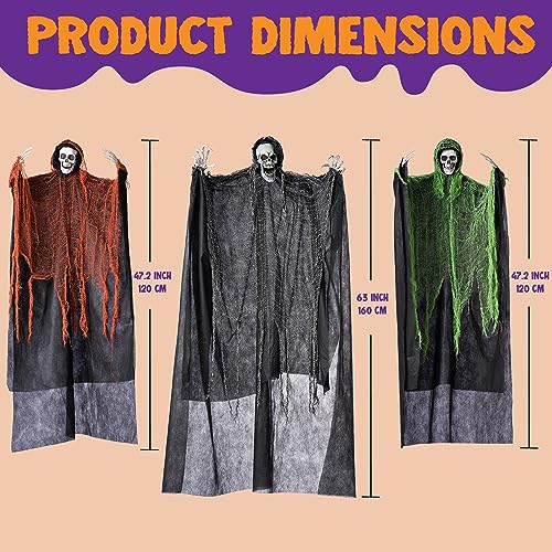 JOYIN 3 Pcs Halloween Hanging Grim Reapers, one 63” Two 47” Grim Reapers, Halloween Skeleton Flying Ghost for Halloween Outdoor Decoration, Haunted Haunted House Prop, Halloween Party Supplies Decor