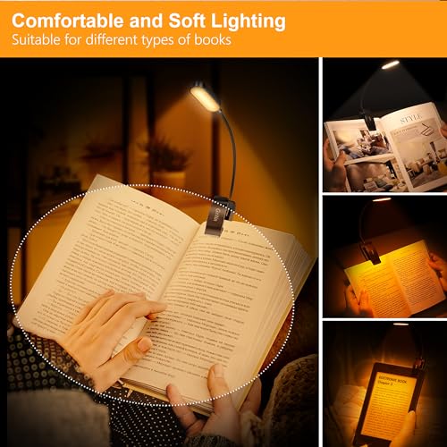 Gritin 16 LED Rechargeable Book Light for Reading in Bed-Eye Caring 3 Color Temperatures, Stepless Dimming Brightness,80Hrs Runtime,Lightweight Flexible Clip On Book Light for Book Lovers-White