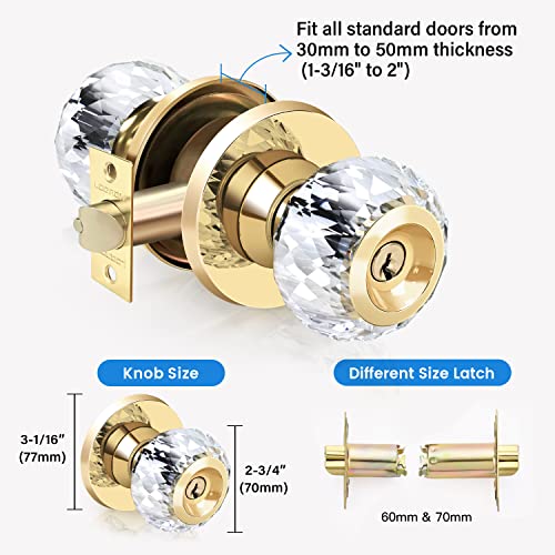 LOQRON Crystal Door Knobs with Lock and Keys with Privacy Lock, Luxurious Diamond Classic Interior Glass Door Knobs for Bedroom Bathroom Gold,1 Pack