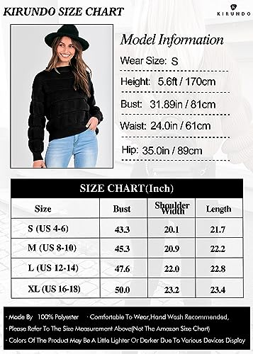 KIRUNDO Womens Fashion Fall Sweaters 2024 Casual Puff Sleeve Crew Neck Loose Chunky Knit Pullover Winter Cute Clothes, Black, Small