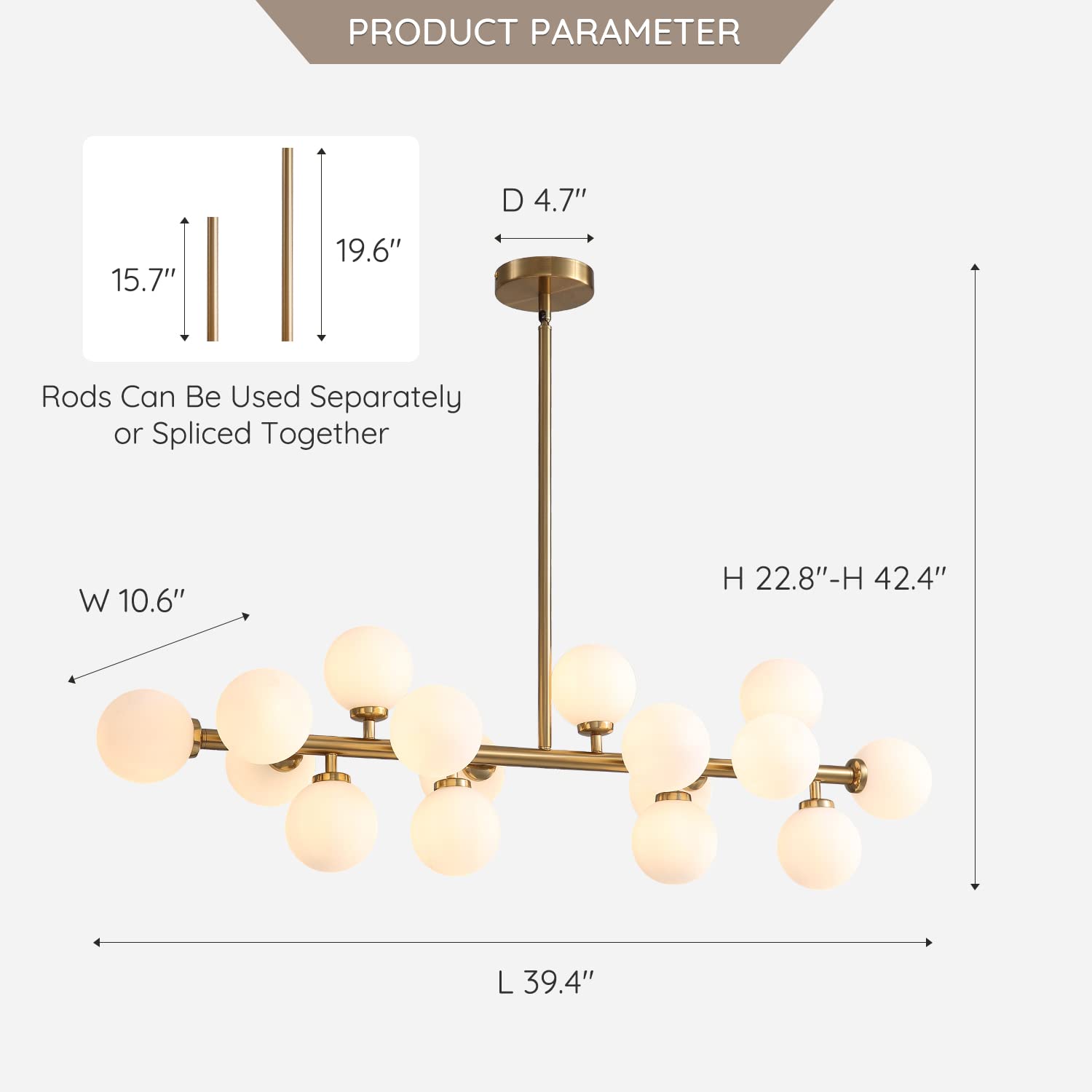 7PMBEANE Mid Century Modern Chandelier Over Table, 16-Light Globe Sputnik Chandelier Brass Pendant Lighting Fixture Hanging Ceiling Light for Dining Room, Kitchen Island