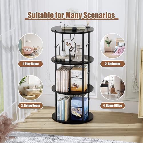 Rotating Bookshelf, 3 Tier Round Revolving Bookcase with Special Visible Partition Storage, 360° Display Spinning Bookshelf Tower Storage Organizer Rack for Bedroom, Living Room, Small Space, Black