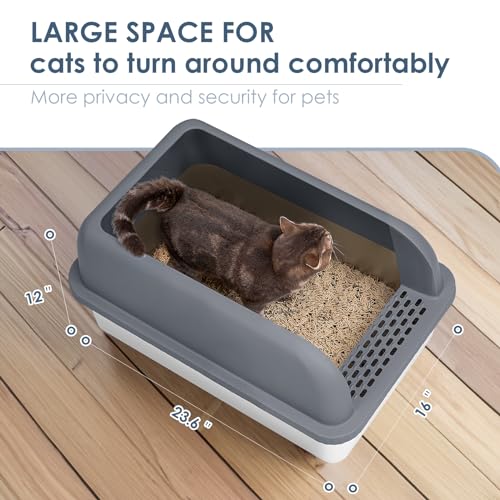 Suzzipaws Enclosed Stainless Steel Cat Litter Box with Lid Extra Large Litter Box for Big Cats XL Metal Litter Pan Tray with High Wall Sides Enclosure, Non-Sticky, Anti-Leakage (Grey)