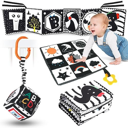 AJsupojouet 3 Pcs Car Seat Toys for Babies 0-6 Months，Black and White Baby Hanging Rattle Toys for Crib Mobile，High Contrast Baby Toys for Newborn Toys，Infant Sensory Toy Best Gift for 0-6 6-12months