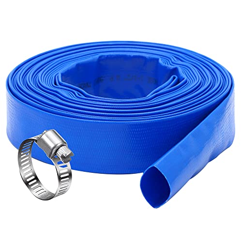 DAVCO 3" x 100 ft Pool Backwash Hose, Heavy Duty Reinforced Blue PVC Lay Flat Water Discharge Pump Hoses For Swimming Drain Pools and Clean Filters,with 1 Clamp