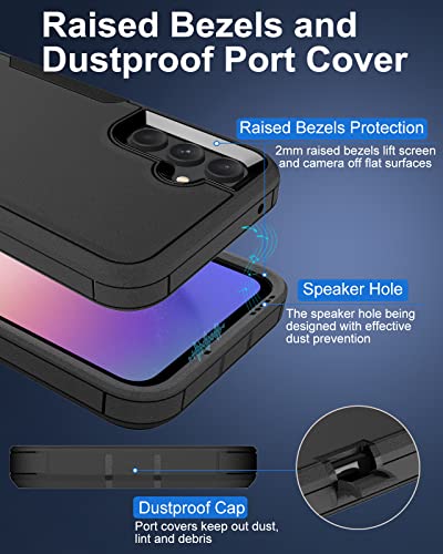 Dahkoiz for Samsung Galaxy S23-FE Case, and Glass Screen Protector, Dust-Proof Port Cover, Full Body Silicone Rubber Covered, Non-Slip Drop-Proof Phone Case for S23 FE 5G(2023), Black/Black