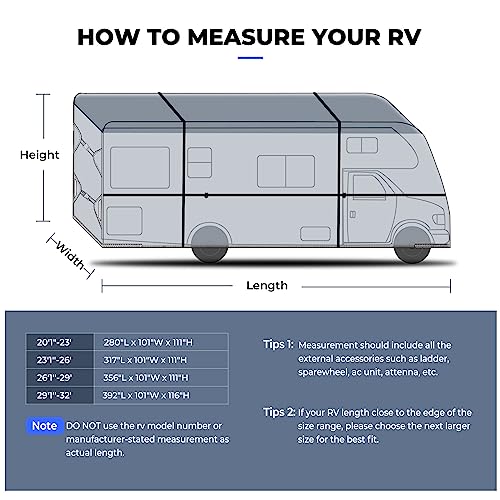 RVMasking 7 Layers top Class C RV Cover for 23'1"-26' Motorhome - Heavy Duty Windproof Rip-Stop Anti-UV with 4 Tire Covers & Gutter Spout Cover